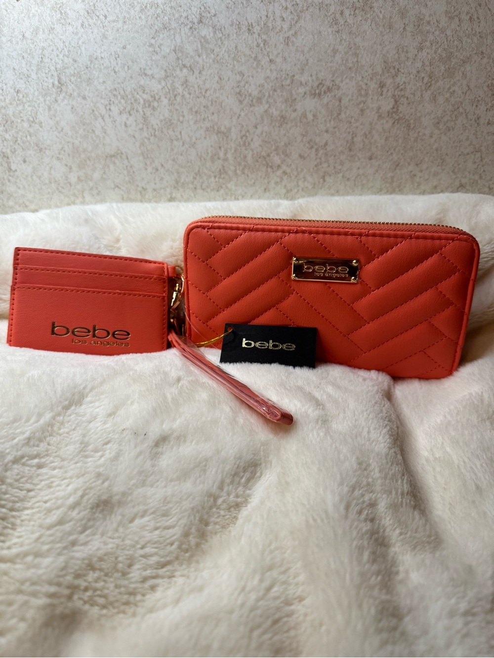 bebe Quilted Wristlet Wallet in Coral NWT and card holder